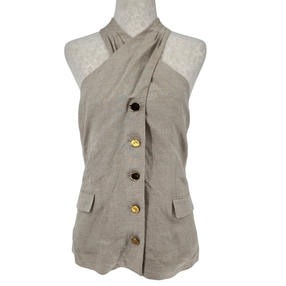 Donna Karan New York Linen Blend Halter Vest Top Beige Gold Button Size 16 NWT - Picture 3 of 8